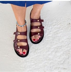 Resim Ne&ve Shoes Bordo Hakiki Deri Gold Aksesuarlı Günlük Rahat Sandalet 
