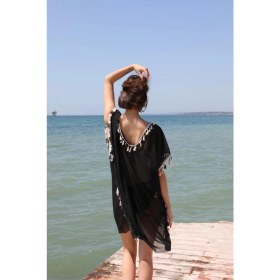 Resim Moda Kadın Püsküllü Tunik Pareo Plaj Elbisesi Siyah Beruflic 
