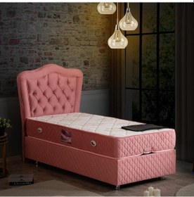 Resim Setaymobilya Baza, Camelli Pembe Tek Kişilik Baza + Başlık + Ortopedik Yatak 