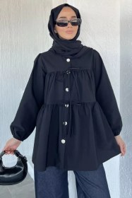 Resim Gülseli Bağcık Detaylı Tesettür Tunik Siyah TZL-P-00021788 