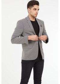 Resim Sposo G-226 Dar Kalıp Örme Kumaş Ekru-Siyah Erkek Blazer Ceket Ekru - Siyah 