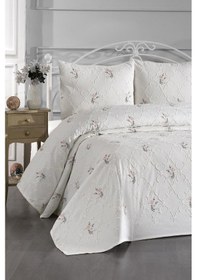 Resim Pinkrose Nakışlı Şönil 3 Parça Çift Kişilik Yatak Örtüsü Krem Krem 