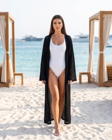 Resim Trend Kapında Yazlık Ajurlu Uzun Önü Açık Triko Kimono Kaftan, Plaj Giyim 