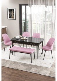 Resim Canisa Zen Serisi 80x132 Mdf Açılabilir Siyah Mermer Desen Masa Takımı 4 Pembe Sandalye Ve 1 Bench Masa Siyah Mermer Desen Sandalye Pembe 