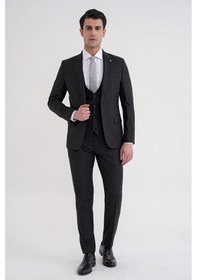 Resim Efor Slim Fit Çift Yırtmaç Çizgili Esnek Yünlü Siyah Yelekli Klasik Takım Elbise Tk 935 Siyah 