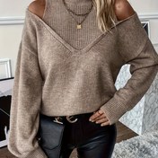 Resim Kadınların Soğuk Omuz Yüksek Yaka Sweater, Casual Elegant Off-Shoulder Uzun Kollu Düz Renkli Çizgili Örgü Kazak, Sonbahar/Kış Modası, Naylon Malzeme, Normal Beden, Kolsuz Tasarım, Kemer Yok, Doldurma Yok, Kazak Tarzı 