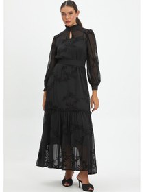 Resim Kadın Nakış Detaylı Uzun Elbise - Şifon Kumaş, Fırfırlı Yaka Ve Katlı Etek Tasarımı İle Zarif Ve Özel Günler İçin İdeal Siyah 