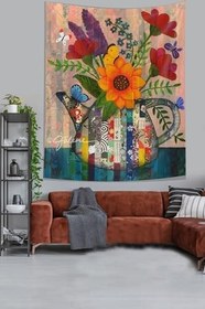 Resim Pelangi Çaydanlıktaki Çiçekler Ve Kelebek Vintage Tema Leke Tutmaz Kumaş Duvar Örtüsü Duvar Halısı Tapestry PNTR017, 70 x 70 