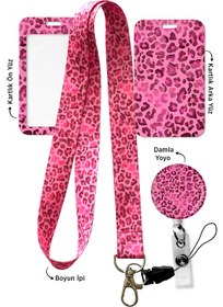 Resim StormiStoretr 3 lü Pembe Leopar Baskılı Dikey Kart Koruyucu Boyun Askı ipi Yoyo yaka kartı 