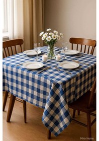 Resim Fiber Kareli Masa Örtüsü Sofra Bezi Ekose Desen 160x160 Cm Mavi Renkli 