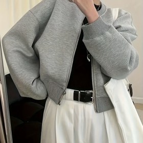 Resim Kadınlar için Rahat ve Şık Gri Kısa Kollu Beyzbol Ceketi - Uzun Kollu, Düğmeli Ön, Cep Detaylı, Tüm Mevsimler İçin Uygun, Günlük Kıyafet İçin Mükemmel, Düğmeli Ceket | Düğmeli Ceket | Şekillendirilmiş Tasarım 