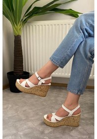 Resim Preshley Kadın Bery Beyaz Cilt Çapraz Bant Yüksek Dolgu Mantar Taban Ayakkabı & Sandalet K-900 Beyaz 