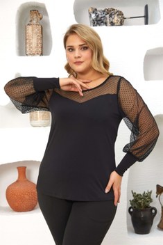 Seamoda Büyük Beden Kadın Rahat Günlük Kolu Tül Detaylı Sandy Bluz -siyah