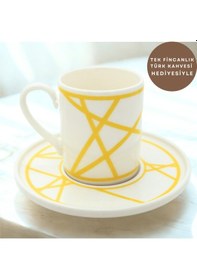 Resim Renkli Geometrik Çizgili 6 Kişilik Porselen Kahve Fincan Takımı Sarı 
