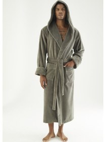 Resim Uzun Kapüşonlu Triga Bambu Cotton Bayan Bornoz Haki 