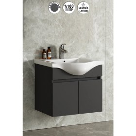 Resim Özceden Yıldız 55 Komple Antrasit Gri Mat Renkli Mdf Alt Dolap ve Lavabo Taşı 