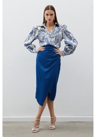 Resim Sateen Düğme Aksesuarlı Saten Krep Etek - İndigo 