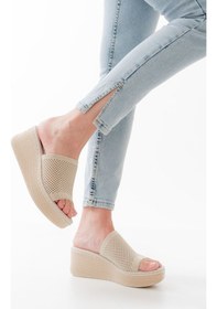 Resim 232-460 Bej Triko Günlük Ortopedik Dolgu Topuk Kadın Terlik Siyah 