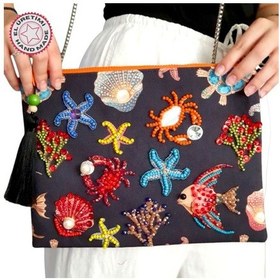 Resim Uretti - Sümeyya 2589 7348 El Yapımı Deniz Canlıları Desenli Boncuk İşlemeli Clutch / Askılı Çanta Siyah 