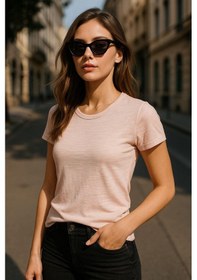 Resim Kadın %100 Organik Pamuklu Relaxed Yıkamalı T-shirt Bisiklet Yaka Kısa Kollu Kadın Basic Tişört Pembe 