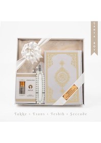 Resim Takke + Esans + Tesbih + Seccade + Kuran Hediye Seti Çanta Boy, Beyaz 