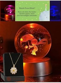 Resim Lapidaria Renk Değiştiren Led Işıklı Küçük Prens Kristal Little Prince Lamba Kar Küresi Ve Papatya Kolye 