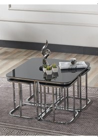 Resim Pelikan 4+1 Siyah Aynalı Temperli Cam Gümüş Metal Ayak Takım Sehpa Sedaş Living Units Sehpa 