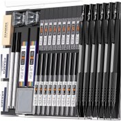 Resim 34 parça Sanat Metal Mekanik Kalem Seti, Gümüş, Siyah, 3 parça Sanat Taslak Kalemleri 0.5, 0.7, 0.9mm ve 3 parça 2mm Mekanik Çizim Kalemleri 384 parça Uçlar (6B 4B 2B HB 2H 4H CR) Yazma, Çizim, Çizim için 