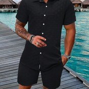 Resim Erkekler için hafif yazlık plaj takımı: rahat kısa kollu düğmeli gömlek ve elastik bel şortlar - polyester elyaf karışımı, nefes alabilen kumaş, tatil için ideal kıyafet, plaj rahat giyim | kısa kollu gömlek | giymesi rahattır 