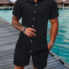 Resim Erkekler için hafif yazlık plaj takımı: rahat kısa kollu düğmeli gömlek ve elastik bel şortlar - polyester elyaf karışımı, nefes alabilen kumaş, tatil için ideal kıyafet, plaj rahat giyim | kısa kollu gömlek | giymesi rahattır 