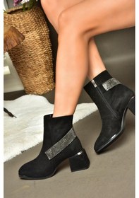 Resim Fox Shoes R241442202 Siyah Süet Taş Aksesuarlı Kalın Topuklu Kadın Bot Siyah 