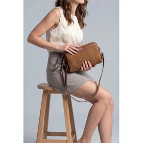 Resim Marjin Kadın Fermuarlı İç Cepli Clutch Çapraz Askılı El ve Omuz Çantası Faris Taba 