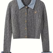 Resim Kadınlar İçin Gündelik Akrilik Örgü Kazak, Kontrast Yaka ve Manşet Detayı, Düz Renk, Düğmeli Ön, İlkbahar/Sonbahar Mevsimi 