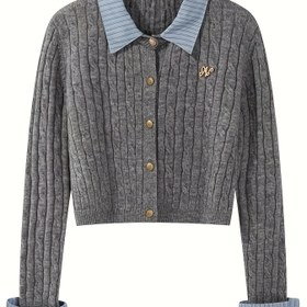 Resim Kadınlar İçin Gündelik Akrilik Örgü Kazak, Kontrast Yaka ve Manşet Detayı, Düz Renk, Düğmeli Ön, İlkbahar/Sonbahar Mevsimi 