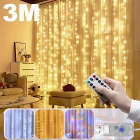 Resim 1 Paket 300 LED Noel Perde Işıkları, 3x3M/9.8ft, Uzaktan Kumandalı 8 Mod, USB Güçlü Peri Işıkları - Sıcak Sarı, Mavi, Gökkuşağı, Düğün, Parti, Sevgililer Günü, Cadılar Bayramı, Noel ve Tatil Dekoru İçin (Pil Gerektirmez), Tatil Aydınlatması | Sıcak Parıltılı Işıklar | USB Güçlü Işıklar, Noel Işıkları 