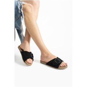 Resim Siyah Örgü Tokalı Kadın Terlik Kaymaz Taban Havuz Deniz Plaj Terliği Siyah 