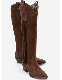 Resim Luvi Shoes Rios Kahverengi Hakiki Deri Süet Püsküllü Kadın Kalın Topuklu Çizme Kahverengi 