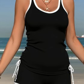 Resim Kadınlar için Tek Renkli Beyaz Kenarlı Kontrast Tanga Bikini Takımı 