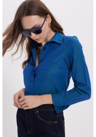 Resim Tudors Kadın Slim Fit Dar Kesim Uzun Kollu Pamuklu Vücuda Oturan Dokulu Açık Petrol Basic Gömlek-38819 Petrol 