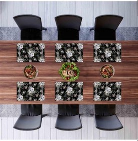 Resim Siyah Çiçek Kumaş Amerikan Servis 4'lü Set - 35x50cm Keten, Ulusl. Yıkama Ve Solmama Sertifikası Çok Renkli 