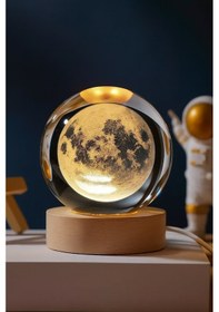 Resim 3d Ay Küre Kristal Gün Işığı Led Gece Lambası Usb'li Ahşap Standlı Led Masa Lambası & Gece Lambası 