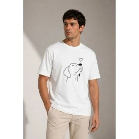 Resim Marsilyan Erkek Köpek Figürlü Minimal Baskılı Tişört Kısa Kol Yazlık T-Shirt - Beyaz 