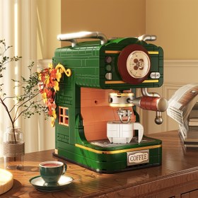 Resim Kendinden Montajlı Vintage Kahve Evi Yapı Blokları, Yeşil Karolar & Pirinç Vurguları ile Retro ABS Plastik Masaüstü Dekoru, Şükran Günü & Ev Dekorasyonu için Mükemmel, ABD & AB Standartlarına Uygun, Yaratıcı Oyun Zamanı | Vintage Kahve Makinesi | Detaylı Montaj, Kahve Barı 