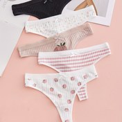 Resim 4 Adet Kadın Pamuklu Rib Tanga Külot - Yumuşak Yüksek Esneklikte Düşük Bel, Sevimli Fiyonk & Çilek Baskılı, 4 Renk Seçeneği (Siyah/Çiçekli/Çizgili/Pembe Gingham) - Şık Özel Koleksiyon Günlük Rahat İç Giyim, Tatlı Estetik, Konforlu Kalıp, Moda Severler 