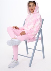 Resim Toontoy Kids Toontoy Kız Çocuk 2'li Takım Baskılı Kapüşonlu Düşük Omuz Cepli Sweatshirt & Basic Düz Tayt Pembe 