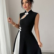 Resim Kadınlar İçin Şık Siyah Beyaz Kontrastlı Elbise - A Kesim Formal ve Günlük Kullanım, Geniş Paça Etekli, Makinede Yıkanabilir, Ofis Parti Düğün Kıyafeti, Orta Esneklikte Kumaş, Zarif Dikiş İşçiliği, Dayanıklı Malzeme, Profesyonel Kadın Giyimi 
