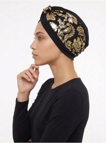 Resim elysianfidan Özel Tasarım Siyah Üzeri Altın Osmanlı Motifli Astarlı Hazır Türban Tesettür Abiye Bone 