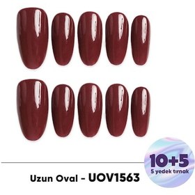 Resim 15'li Bordo Uzun Oval Uov1563 Tekrar Kullanılabilir El Yapımı Protez Takma Tırnak S 