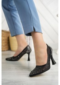 Resim Nesil Shoes Elva 150 Siyah Tül Üzeri Taşlı Topuklu Kadın Stiletto Siyah 
