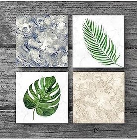 Resim Yaprak, Desen Taş Bardak Altlığı Seti - 4 Parça - Dekoratif, Rustik Mutfak Aksesuarı, 10x10 cm, Kaydırmaz Tabanlı, Şık ve Dayanıklı SC361 